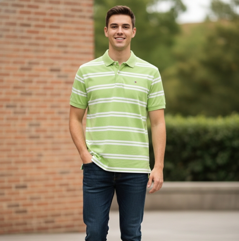 Tommy Hilfiger Men's Green Striped Polo Shirt